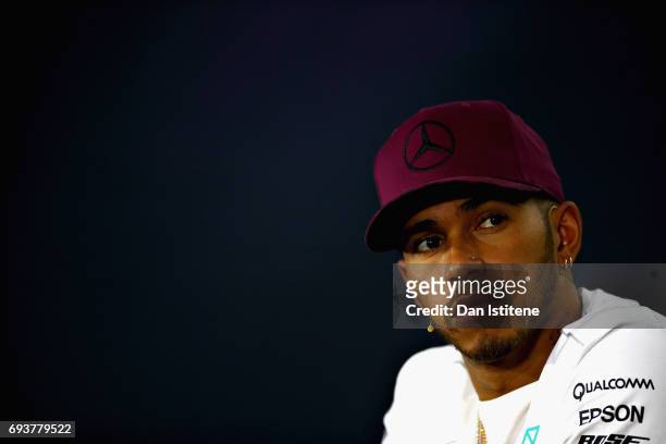 Lewis Hamilton of Great Britain and Mercedes GP talks in the Drivers Press Conference during previews for the Canadian Formula One Grand Prix at...
