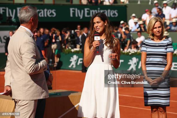 Ana Ivanovic speaks on Court Philippe Chatrier as a ceremony is held in her honour on day twelve of the 2017 French Open at Roland Garros on June 8,...