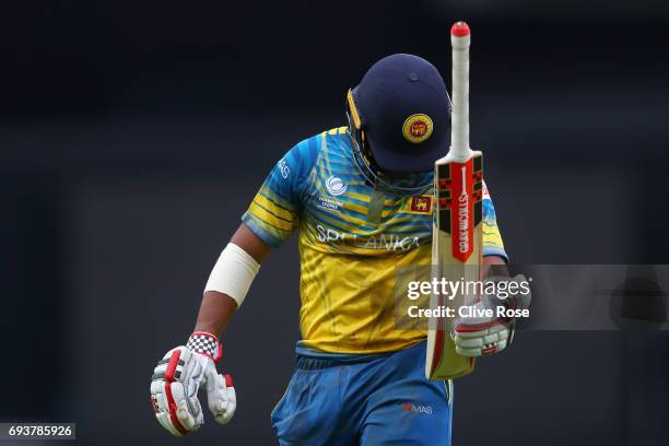 Kusal Mendis of Sri Lanka reacts after being run out during the ICC Champions trophy cricket match between India and Sri Lanka at The Oval in London...