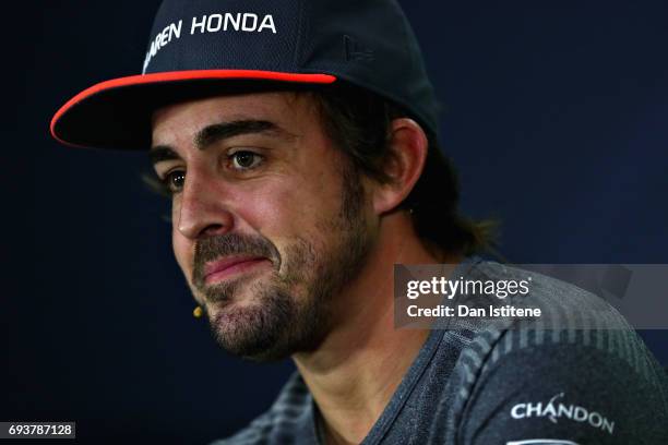 Fernando Alonso of Spain and McLaren Honda talks in the Drivers Press Conference during previews for the Canadian Formula One Grand Prix at Circuit...