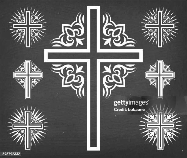 christaian religious crosses vector set on black chalkboard - catholicism stock illustrations