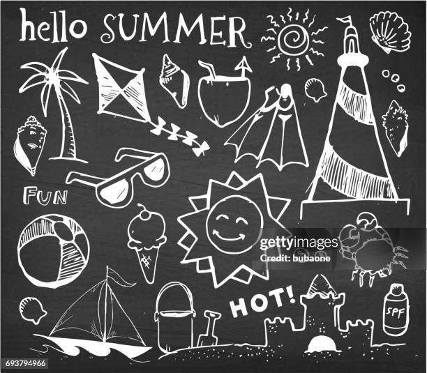 beach and summer vector hand drawings on chalk black board - sand bucket stock illustrations