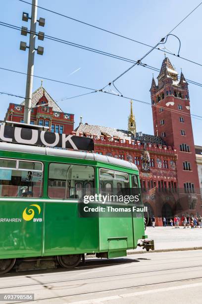 trams in the centre of basel, switzerland - basel trams stock pictures, royalty-free photos & images