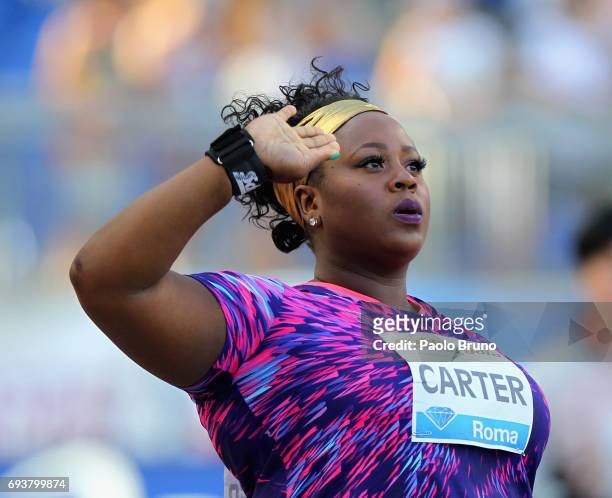 Michelle Carter of United States reacts during the shot put women at the Golden Gala Pietro Mennea at Stadio Olimpico on June 8, 2017 in Rome, Italy.