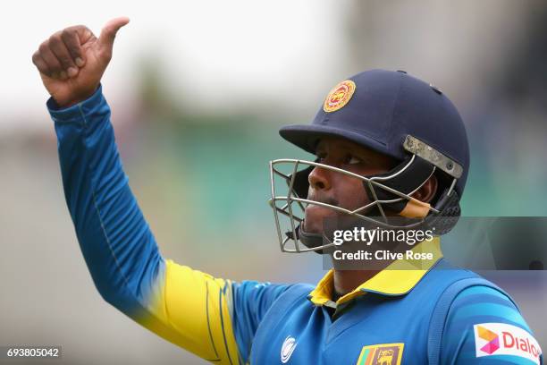 Angelo Matthews of Sri Lanka celebrates as Sri Lanka beat India during the ICC Champions trophy cricket match between India and Sri Lanka at The Oval...