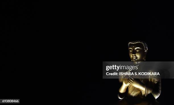 Statue of Buddha is diplayed in a temple in the Colombo suburb of Kelaniya on June 8 during the Poson Festival marking the introduction of Buddhism...