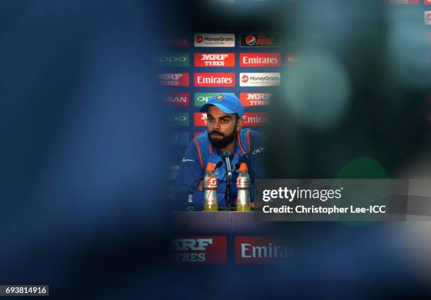 Captain Virat Kohli of India talks to the media in the press conference during the ICC Champions Trophy Group B match between India and Sri Lanka at...