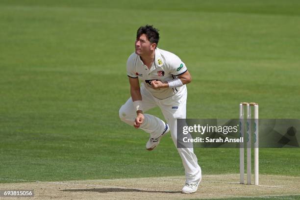 Yasir Shah of Kent bowls on his county cricket debut during the Specsavers County Championship Division Two match between Kent and Durham at The...