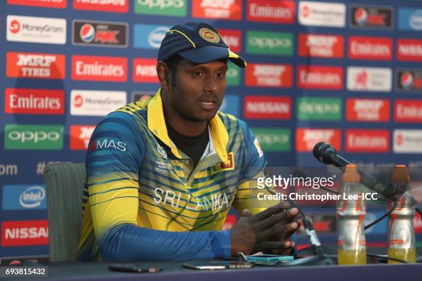 Captain Angelo Mathews of Sri Lanka talks to the media in the press conference during the ICC Champions Trophy Group B match between India and Sri...