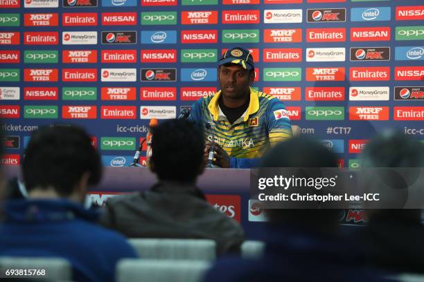 Captain Angelo Mathews of Sri Lanka talks to the media in the press conference during the ICC Champions Trophy Group B match between India and Sri...