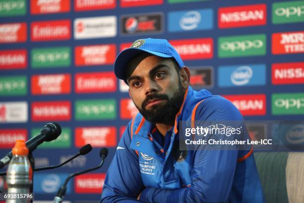 Captain Virat Kohli of India talks to the media in the press conference during the ICC Champions Trophy Group B match between India and Sri Lanka at...