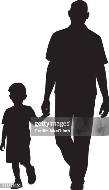 illustrazioni stock, clip art, cartoni animati e icone di tendenza di uomo che cammina con bambino silhouette - famiglia con figlio unico