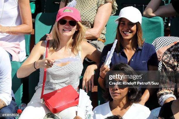 Actresses Margot Bancilhon and Alice Belaidi are spotted at Roland Garros on June 8, 2017 in Paris, France.