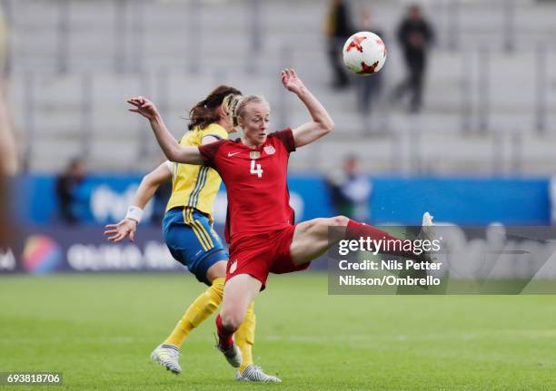 Lotta Schelin of Sweden and Becky Sauerbrunn of USA competes for the ballduring the international friendly between Sweden and USA at Ullevi Stadium...