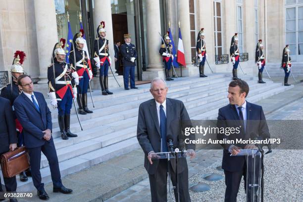 French President Emmanuel Macron and President of the Republic of Peru Pedro Pablo Kuczynski hold a press conference at the Elysee Palace on June 8,...