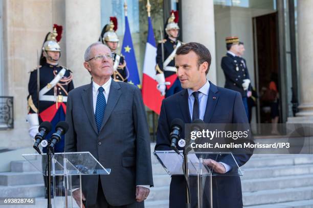French President Emmanuel Macron and President of the Republic of Peru Pedro Pablo Kuczynski hold a press conference at the Elysee Palace on June 8,...