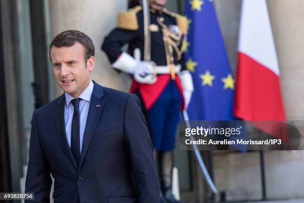 French President Emmanuel Macron welcomes President of the Republic of Peru Pedro Pablo Kuczynski for a meeting at the Elysee Palace on June 8, 2017...