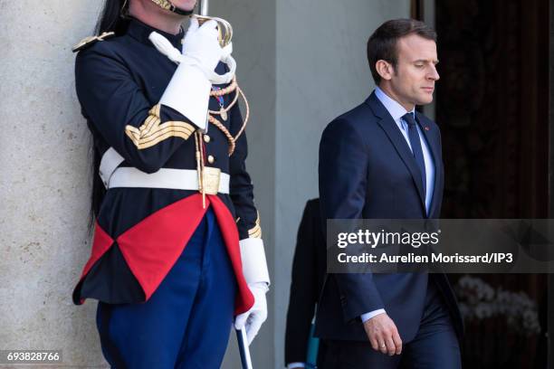 French President Emmanuel Macron welcomes President of the Republic of Peru Pedro Pablo Kuczynski for a meeting at the Elysee Palace on June 8, 2017...