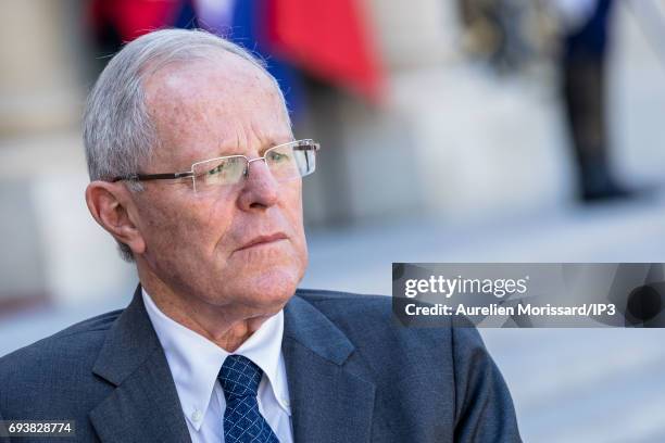 French President Emmanuel Macron welcomes President of the Republic of Peru Pedro Pablo Kuczynski for a meeting at the Elysee Palace on June 8, 2017...