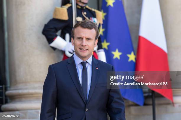 French President Emmanuel Macron welcomes President of the Republic of Peru Pedro Pablo Kuczynski for a meeting at the Elysee Palace on June 8, 2017...