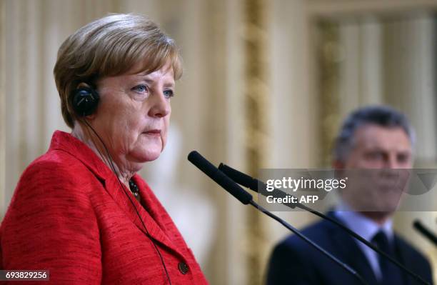 German Chancellor Angela Merkel and Argentinian President Mauricio Macri offer a joint conference after holding a working meeting at the Casa Rosada...