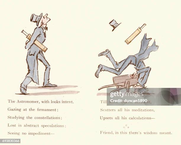 victorian satirical cartoon - the astronomer, with look intent - distracted work stock illustrations