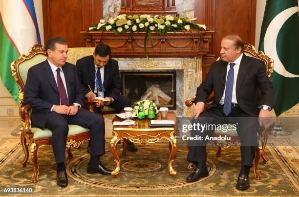 Uzbekistan President Shavkat Mirziyoyev meets with Prime Minister of Pakistan Nawaz Sharif ahead of Shanghai Cooperation Organisation Heads of State...