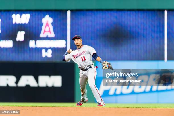 Shortstop Jorge Polanco of the Minnesota Twins throws out Carlos Santana of the Cleveland Indians at first during the seventh inning at Progressive...