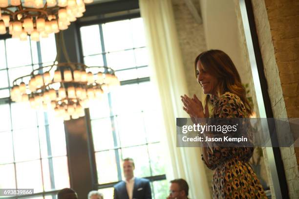 And MR PORTER President, Alison Loehnis speaks during the GOOD+ Foundation & MR PORTER Host Fatherhood Lunch With Jerry Seinfeld at Le Coucou on June...