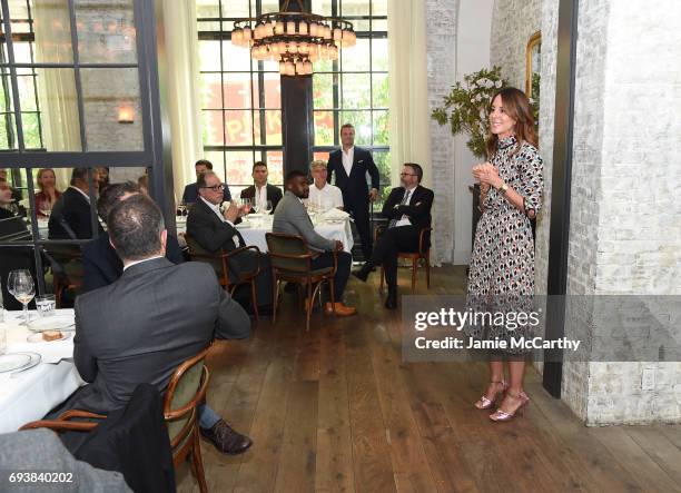 And MR PORTER President, Alison Loehnis speaks during the GOOD+ Foundation & MR PORTER Host Fatherhood Lunch With Jerry Seinfeld at Le Coucou on June...