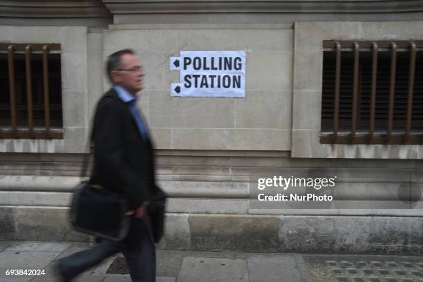 Polling station is seen in Westminster, London on June 8, 2017 as Britain holds General Election. As polling stations across Britain open on...