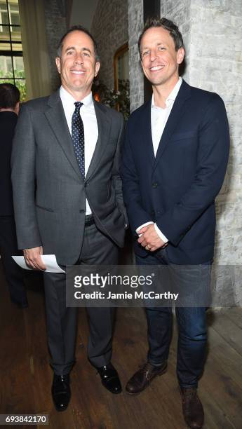 Host Jerry Seinfeld and Late Night Host Seth Meyers attend GOOD+ Foundation & MR PORTER Host Fatherhood Lunch With Jerry Seinfeld at Le Coucou on...