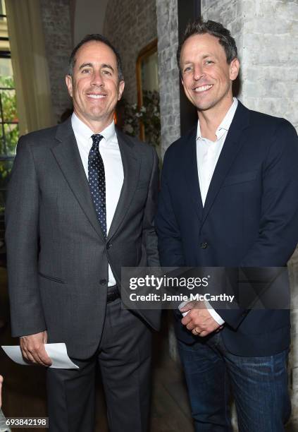 Host Jerry Seinfeld and Late Night Host Seth Meyers attend GOOD+ Foundation & MR PORTER Host Fatherhood Lunch With Jerry Seinfeld at Le Coucou on...