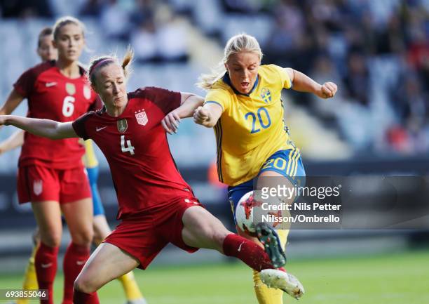 Becky Sauerbrunn of USA and Mimmi Larsson of Sweden competes for the ball during the international friendly between Sweden and USA at Ullevi Stadium...