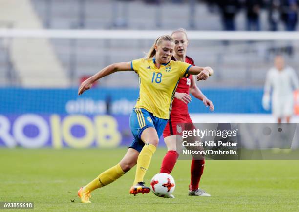 Fridolina Rolfo of Sweden and Becky Sauerbrunn of USA competes for the ball during the international friendly between Sweden and USA at Ullevi...