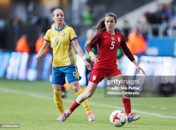 Kosovare Asllani of Sweden and Kelley O'Hara of USA during the international friendly between Sweden and USA at Ullevi Stadium on June 8, 2017 in...