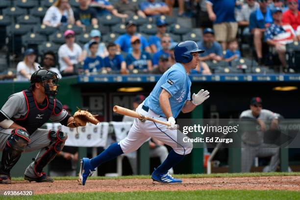 Billy Burns of the Kansas City Royals hits against the Cleveland Indians at Kauffman Stadium on June 3, 2017 in Kansas City, Missouri.