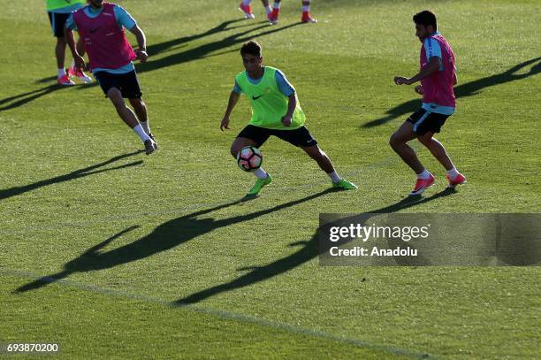 Ismail Koybasi and Emre Mor of Turkish National Football Team attend a training session before of FIFA 2018 World Cup Qualifiers match between Turkey...