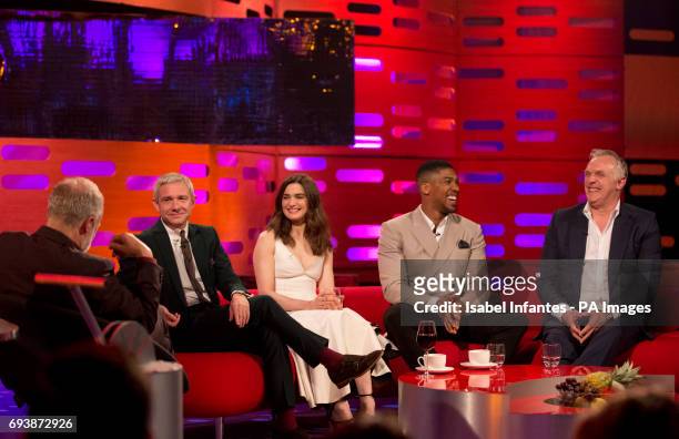 Host Graham Norton with Martin Freeman, Rachel Weisz, Anthony Joshua and Greg Davies during filming of the Graham Norton Show at the London Studios,...