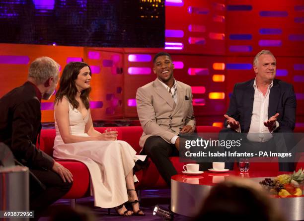 Host Graham Norton with Rachel Weisz, Anthony Joshua and Greg Davies during filming of the Graham Norton Show at the London Studios, to be aired on...