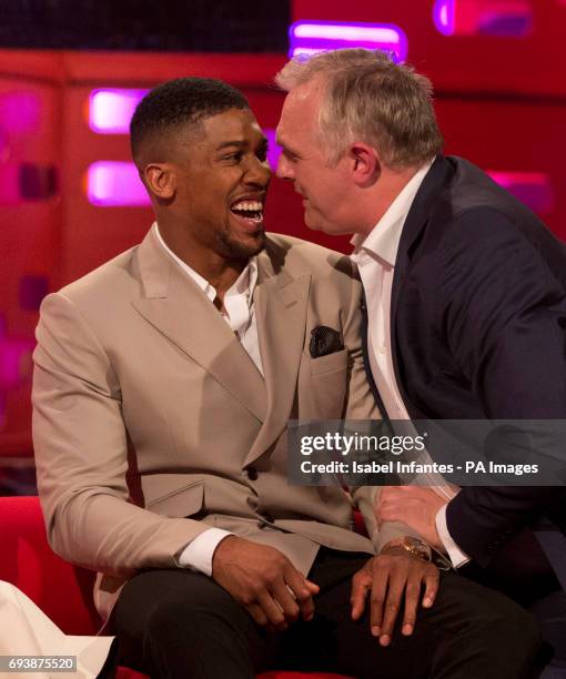 Anthony Joshua and Greg Davies during filming of the Graham Norton Show at the London Studios, to be aired on BBC One on Friday evening.