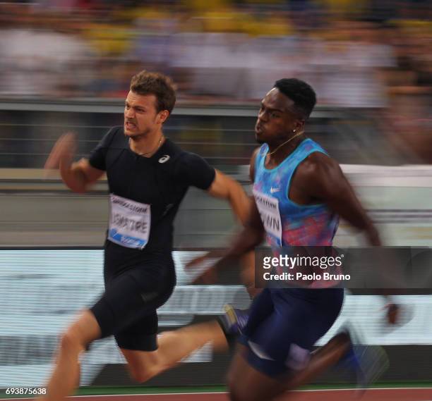 Christophe Lemaitre of France and Andre De Grasse of Canada compete in the 200m men during the Golden Gala Pietro Mennea at Stadio Olimpico on June...