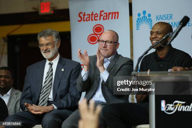 The Honorable Frank Jackson, Mayor of Cleveland, General Manager David Griffin and James Jones of the Cleveland Cavaliers at the 2017 NBA Finals...