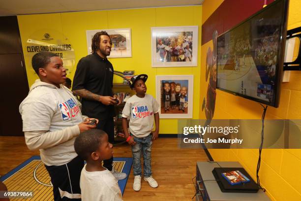 Derrick Williams of the Cleveland Cavaliers interacts with the kids at the 2017 NBA Finals Cares Legacy Project as part of the 2017 NBA Finals on...