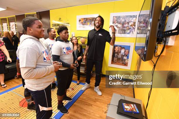 Derrick Williams of the Cleveland Cavaliers interacts with the kids at the 2017 NBA Finals Cares Legacy Project as part of the 2017 NBA Finals on...