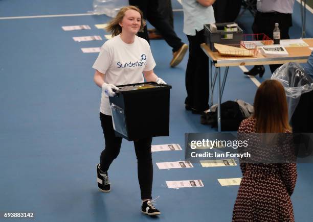 The first ballot box is run in, so counting can begin at the Silksworth Community Pool, Tennis and Wellness Centre as the general election count...