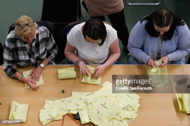 Ballot papers are counted at the Silksworth Community Pool, Tennis and Wellness Centre as the general election count begins on June 8, 2017 in...