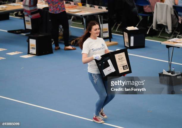 Ballot boxes are ran in during the count at the Silksworth Community Pool, Tennis and Wellness Centre as the general election count begins on June 8,...