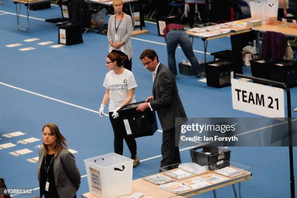 Ballot boxes are ran in during the count at the Silksworth Community Pool, Tennis and Wellness Centre as the general election count begins on June 8,...