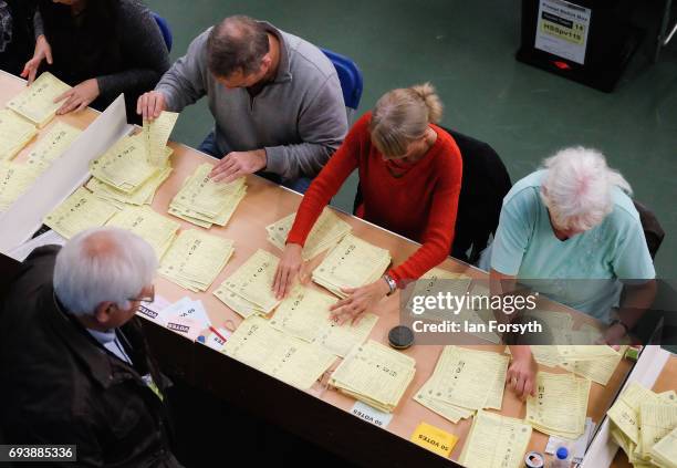 Ballot papers are counted at the Silksworth Community Pool, Tennis and Wellness Centre as the general election count begins on June 8, 2017 in...